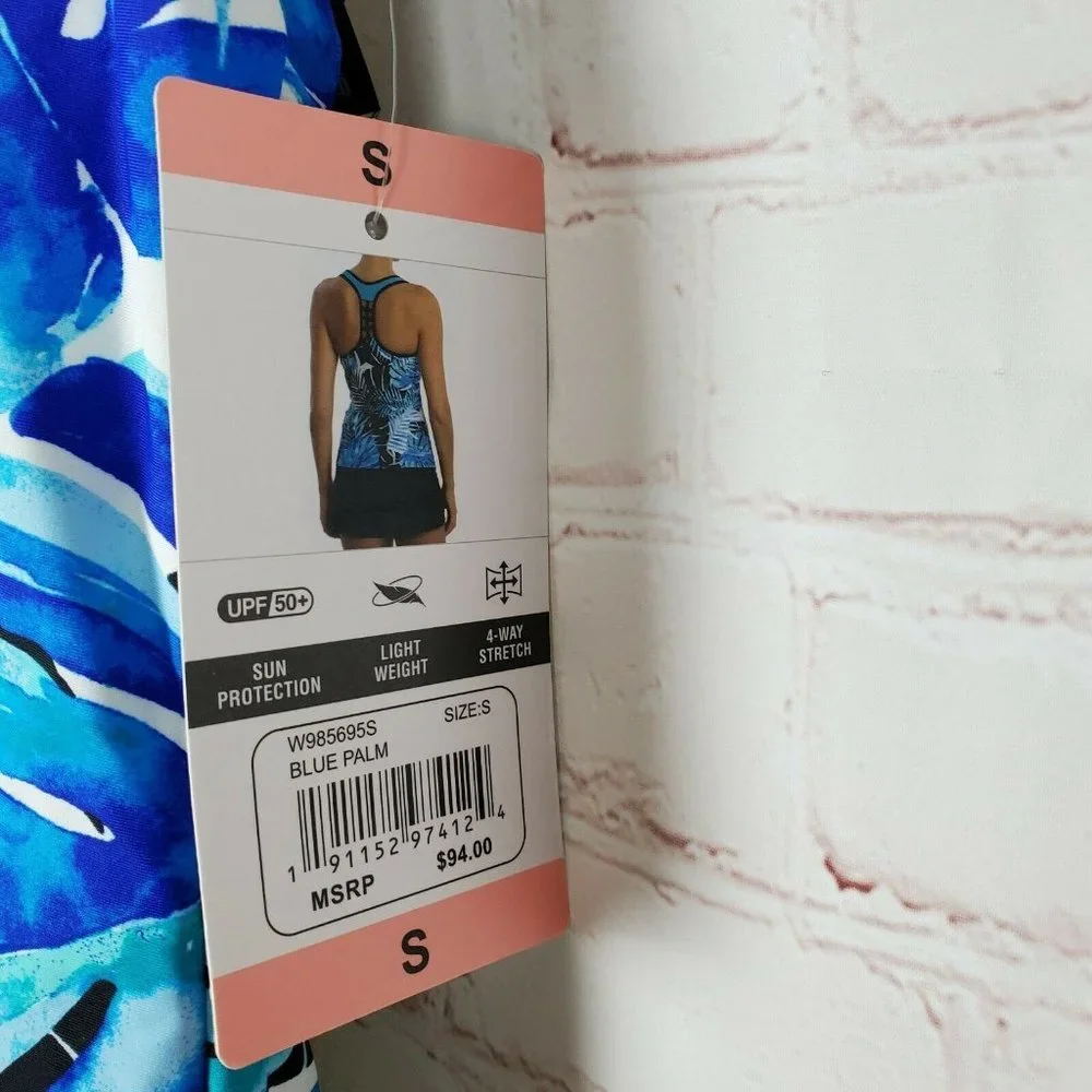 ZeroXposur Racerback Action Tankini Swimsuit Top Blue Palm UPF 50+ Sz Small NEW